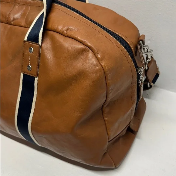 Coach Boston Bag Heritage Duffle Striped Travel 2 Way Shoulder Strap Navy Brown - Picture 11 of 16